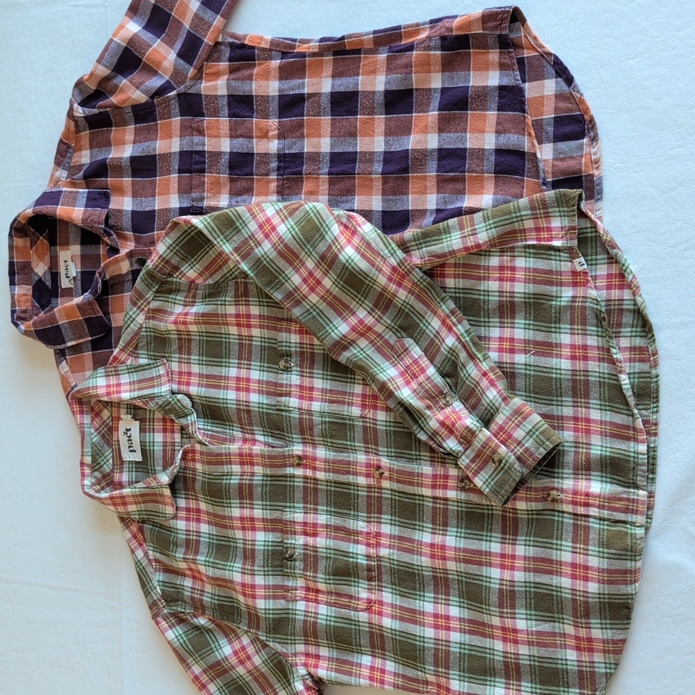 PACT Set Of Two Plaid Flannel Button Down Shirts Women's Size Small